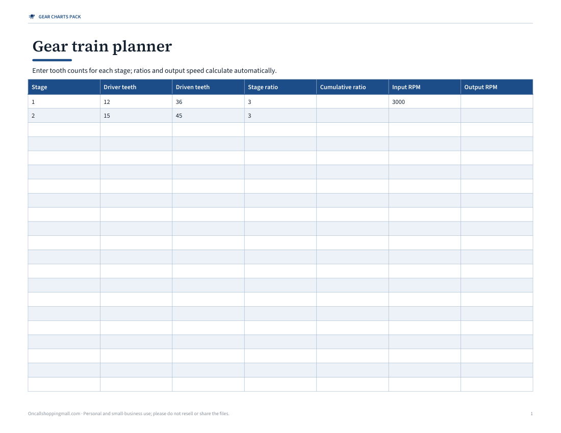 Preview of the first page of Gear train planner (XLSX)